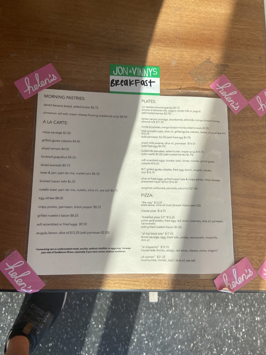 Menu Jon & Vinny's Fairfax-5